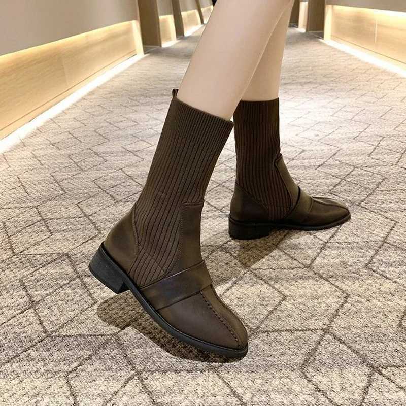 2025 Women Sexy Sock Boots Spring Shoes Korean Weave Middle Boots Knitted Boots High Quality Leather 4CM Heels Shoes Z250303