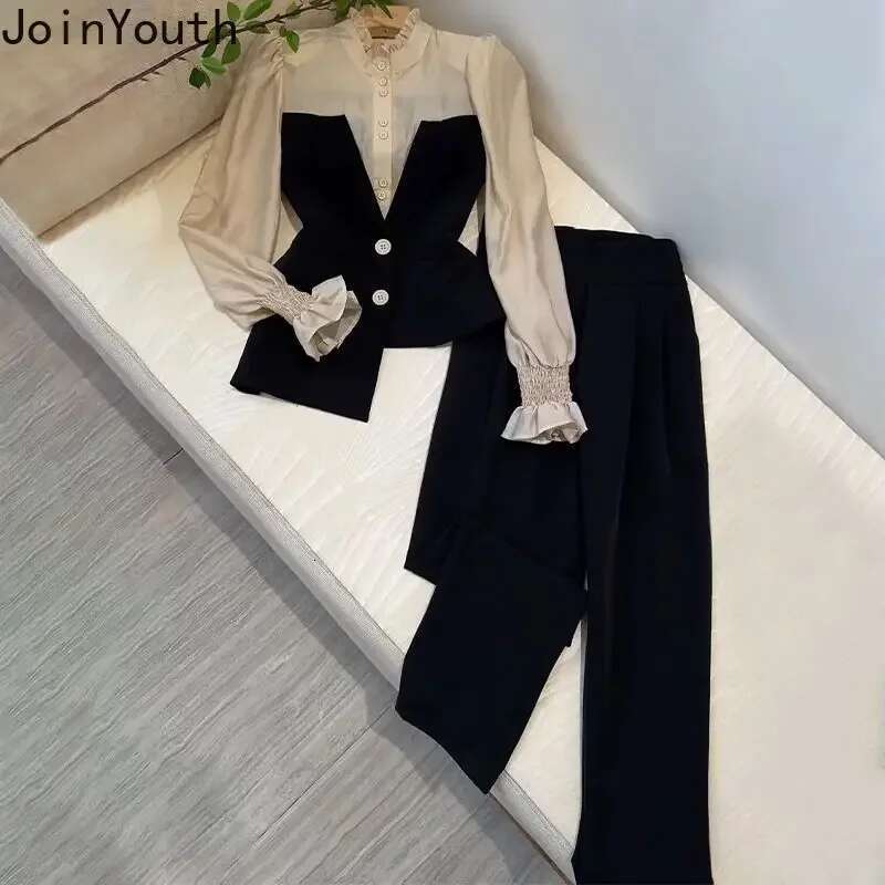 Temperament Outfits Korean 2 Piece Sets For Women Irregular Fake Two Shirt Tunic Pants Suit Roupas Femme Chic Vintage Set