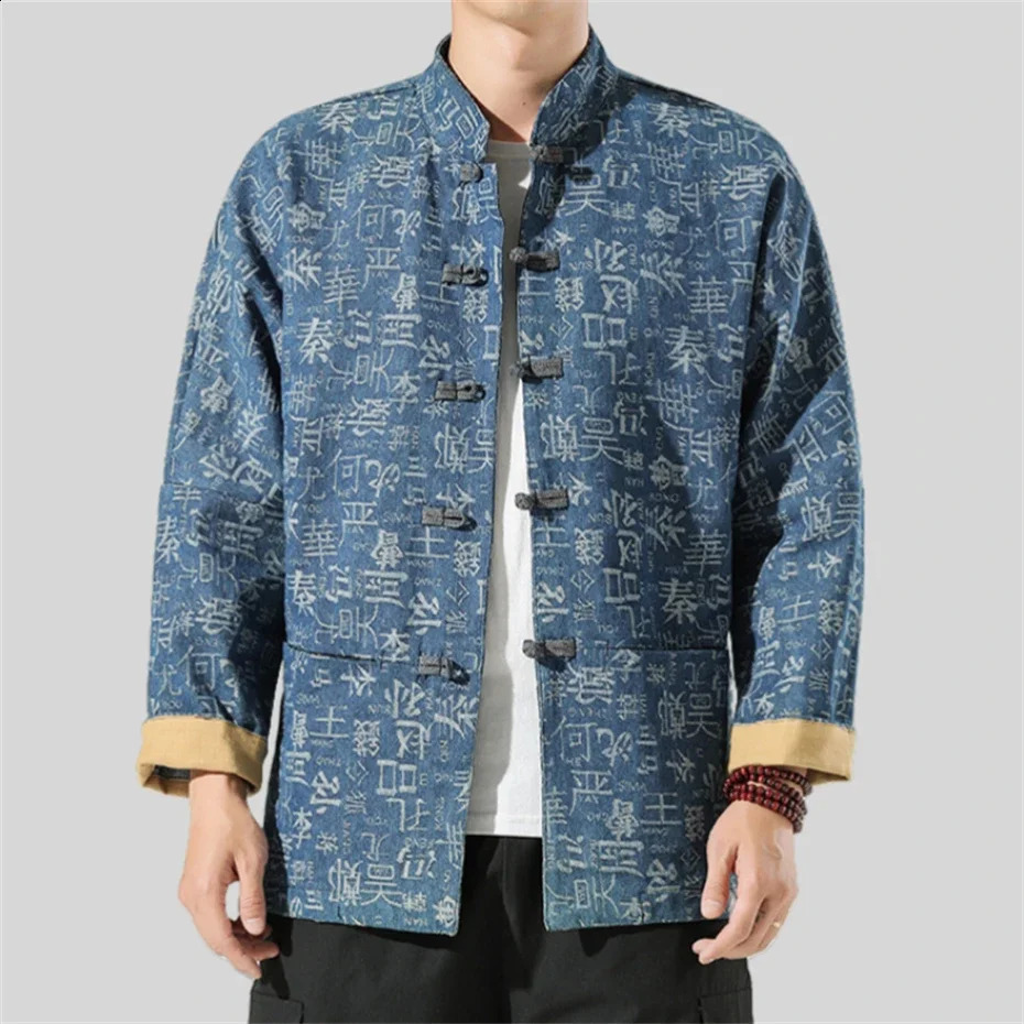 Print Denim Jackets Men Hundred Family Clan Disc Buckle Coat Hanfu Tang Suit Jacket Harajuku Retro Stand Jackets Male Autumn 5XL 250228