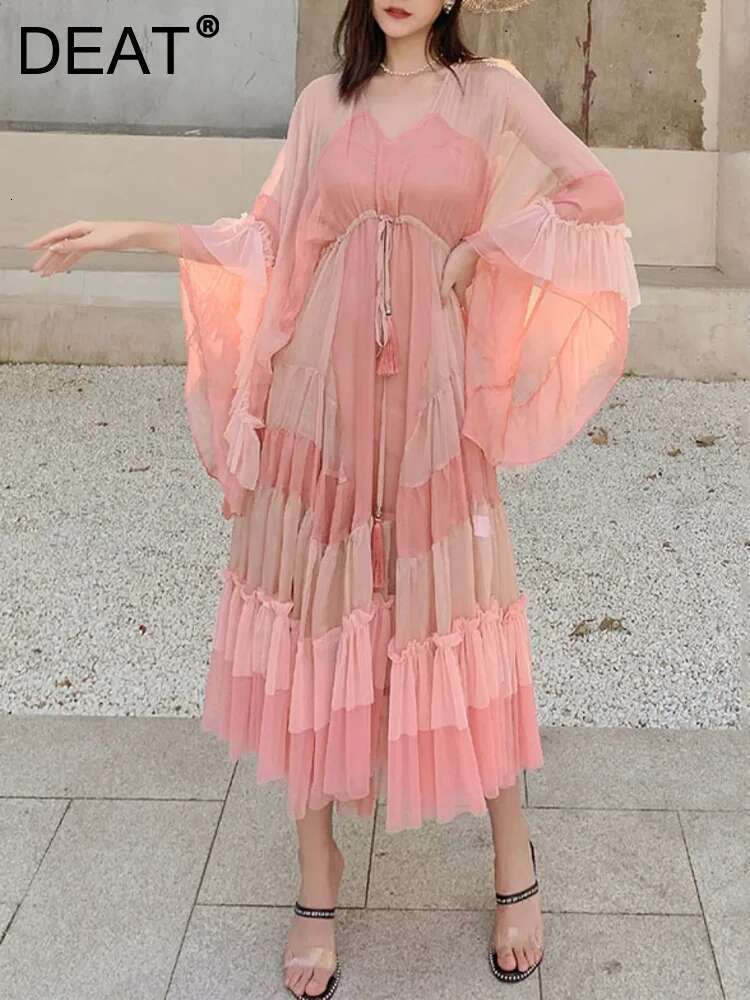 DEAT Woman Dress Pink Cake With Ed Mesh Flare Sleeve Drawstring Waist Elegant Fashion Beach Style 2024 New Summer 15Ht424