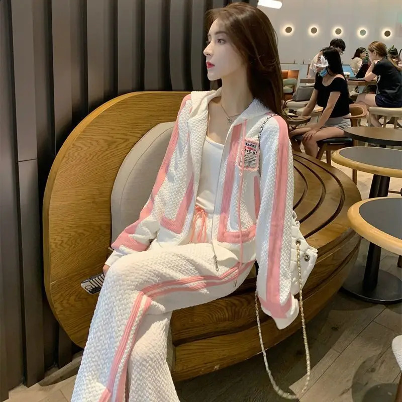 Fashion Track Suits for Women 2 Piece Set 2023 Spring Korean Sweet Cute Coat Zipper Wide Leg Pants Two Sportswear 250225