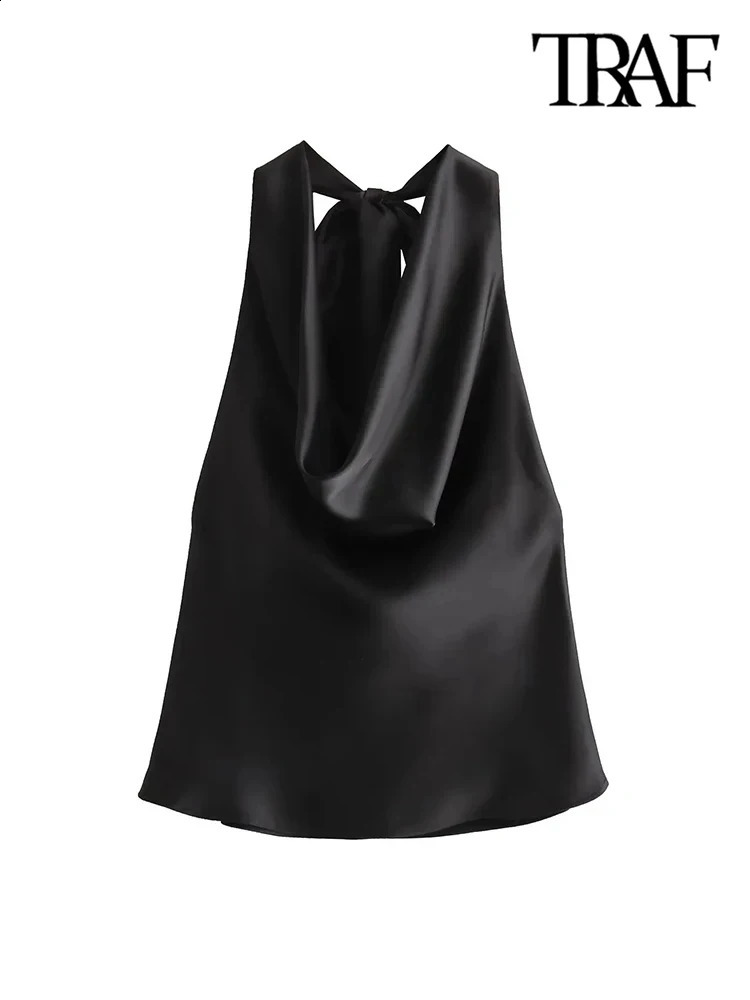 TRAF-Womens Flowing Draped Halter Neck Tank Tops With Bow Tied Backless Sleeveless Female Camis Sexy Fashion 250228