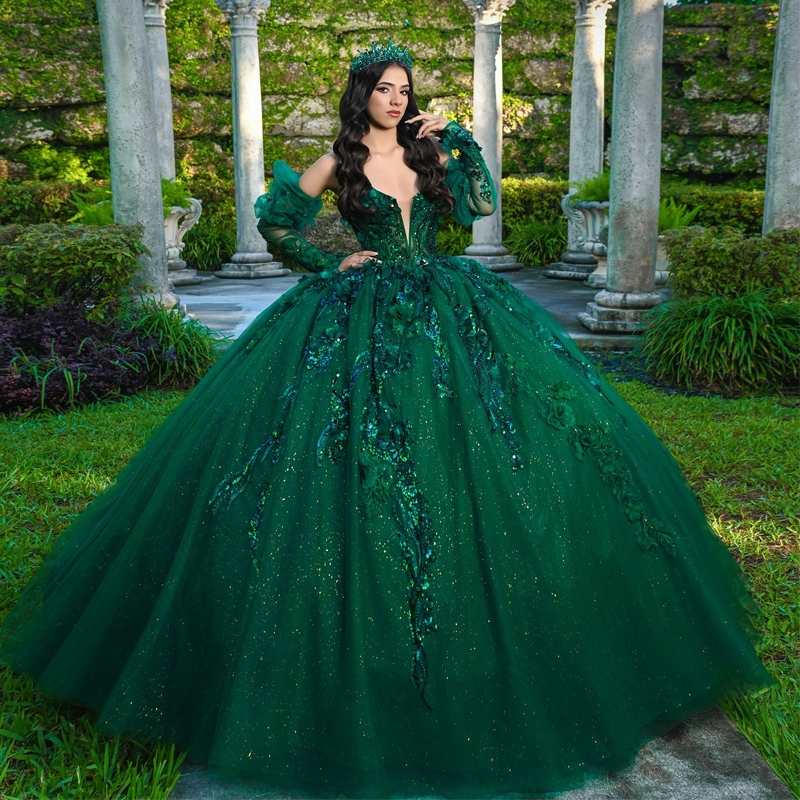 Emerald Green Shiny Quinceanera Dresses Ball Gown Off Shoulder Applique Lace Beads Tull Corset Sweet 16 Dress Vestidos 15 De Anos