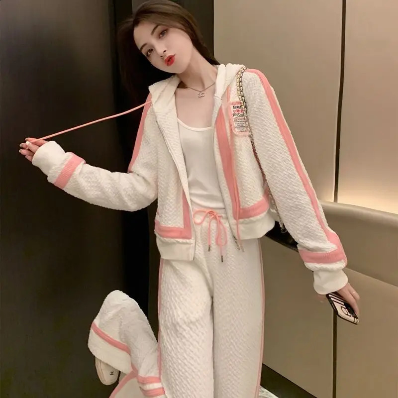 Fashion Track Suits for Women 2 Piece Set 2023 Spring Korean Sweet Cute Coat Zipper Wide Leg Pants Two Sportswear 250225
