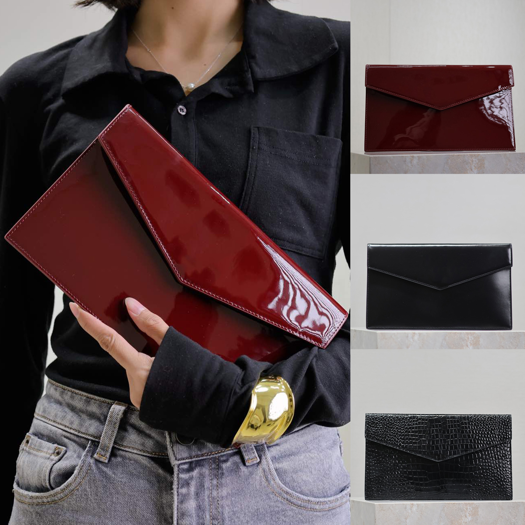 Latest 10A Uptown Pouch In Patent Leather Luxury Designer Genuine Leather Golden Hardware Clutch Bag Magnetic Snap Closure Handbag Women Casual Shopping Purse