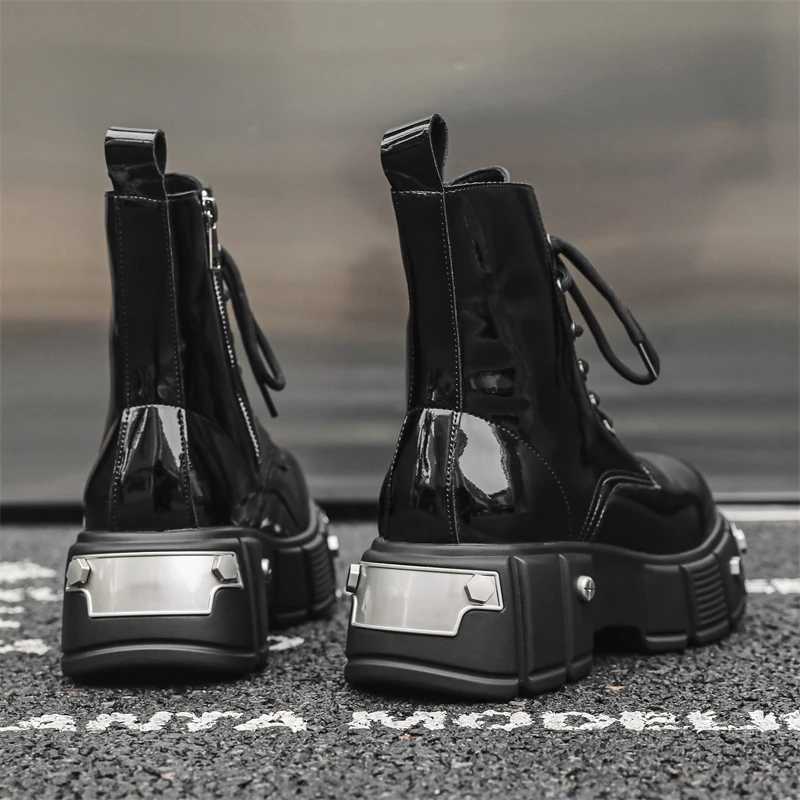 Luxury original high-quality street style black patent leather boots suitable for mens metal decorated high gain shoes Z250303
