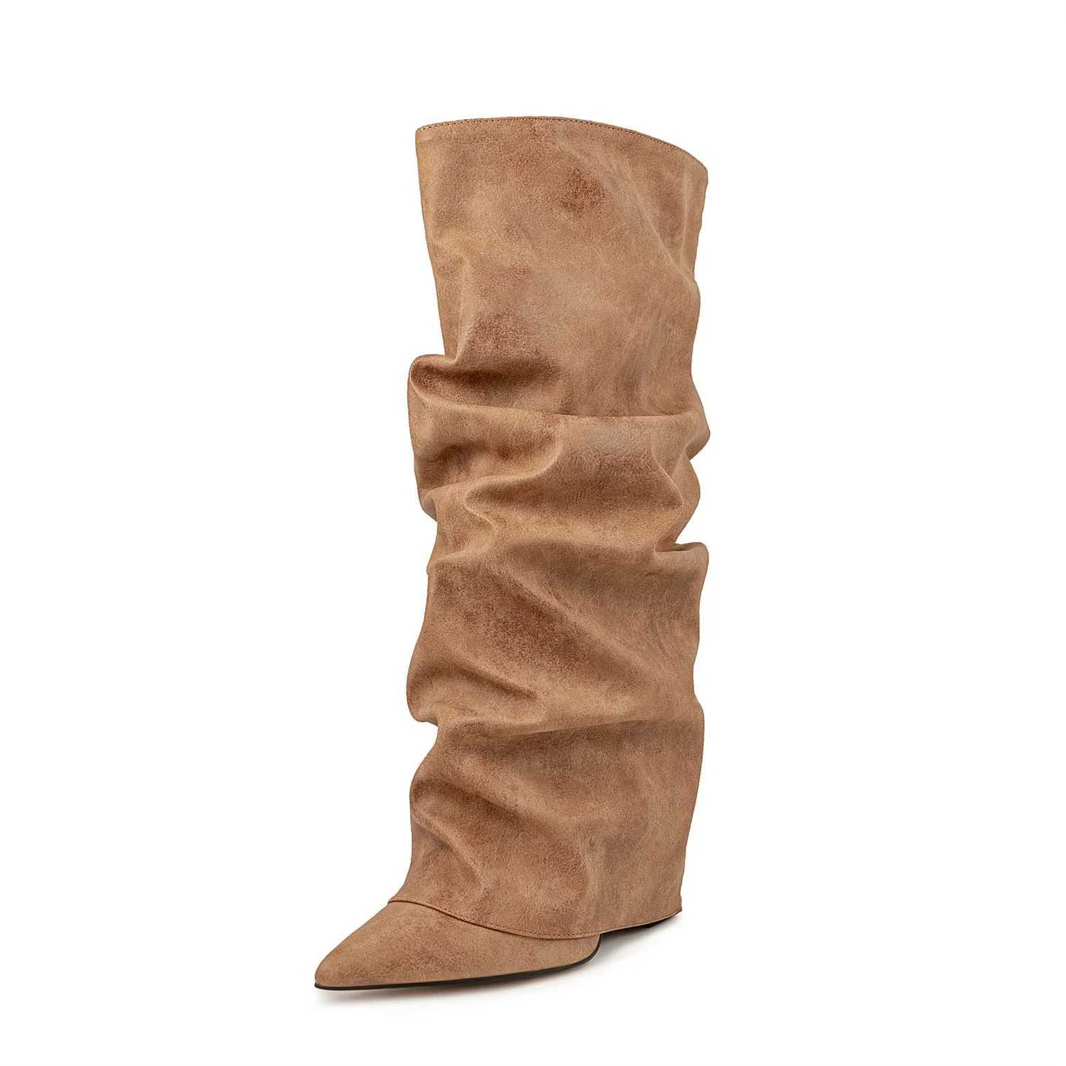 European and American Fashion Wedge Sheepskin Pattern Sleeve Knee High Pleated Boots for Womens Sexy Leopard Print Boots Z250303
