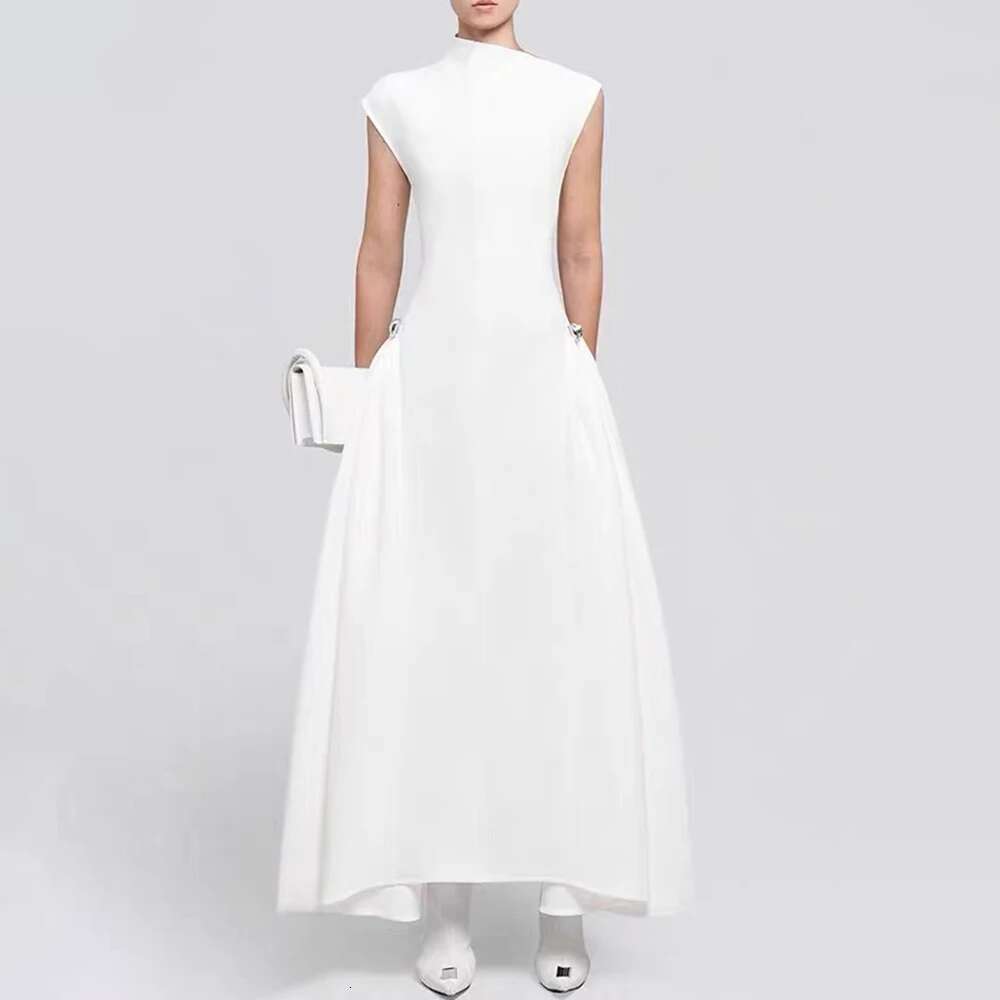 TWOTWINSTYLE Patchwork Folds Dresses For Women Asymmetrical Collar Sleeveless High Waist Solid A E Dress Female Fashion 2024