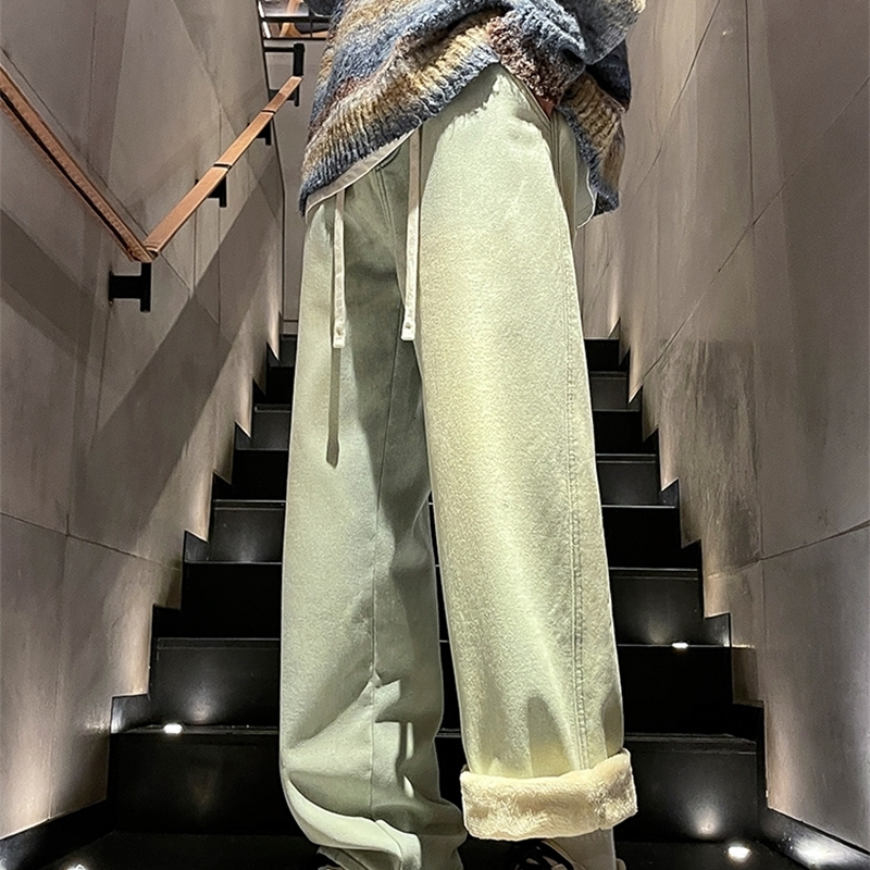 Winter Mens Jeans Korean Fashion Fleece Liner Thick Warm Straight Denim Pants Washed Cotton Retro Blue Wide Leg Jean Trousers w250210