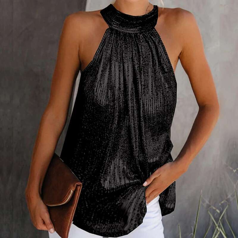 Shiny Womens Fashion Halter Neck Tank Tops Vest Ladies Summer Casual Solid Color Sleeveless T shirt Blouse Black Gold Sier
