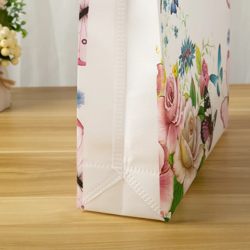Flower Print Grocery Shopping Bag Nonwoven Fabric Eco Travel Takeaway Storage Folding Reusable Pouch 250221