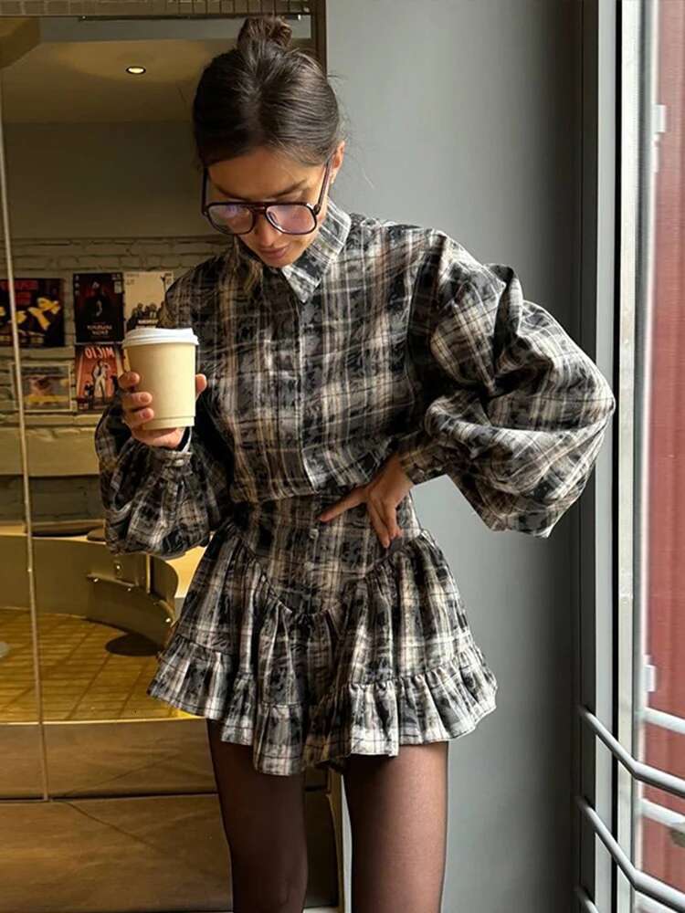 Casual Retro Plaid Women's Puff Sleeve Turndown Collar Ruffly Short Dresses Women New Fashion Vintage Loose Dress