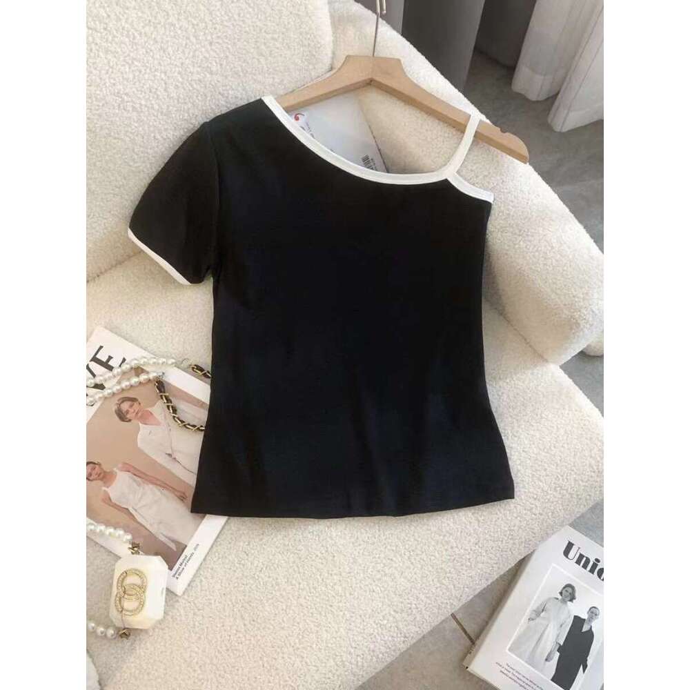 New Embroidered Irregular Design Color Blocked T-Shirt For Spicy Women, Tailored And Versatile Short Sleeve Top