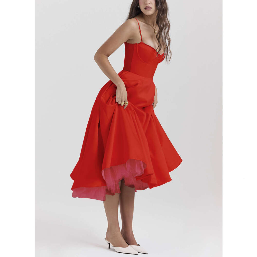 Women's Dress Sexy Women's New Camisole V-Neck Sleeveless Dress Fluffy Long Skirt