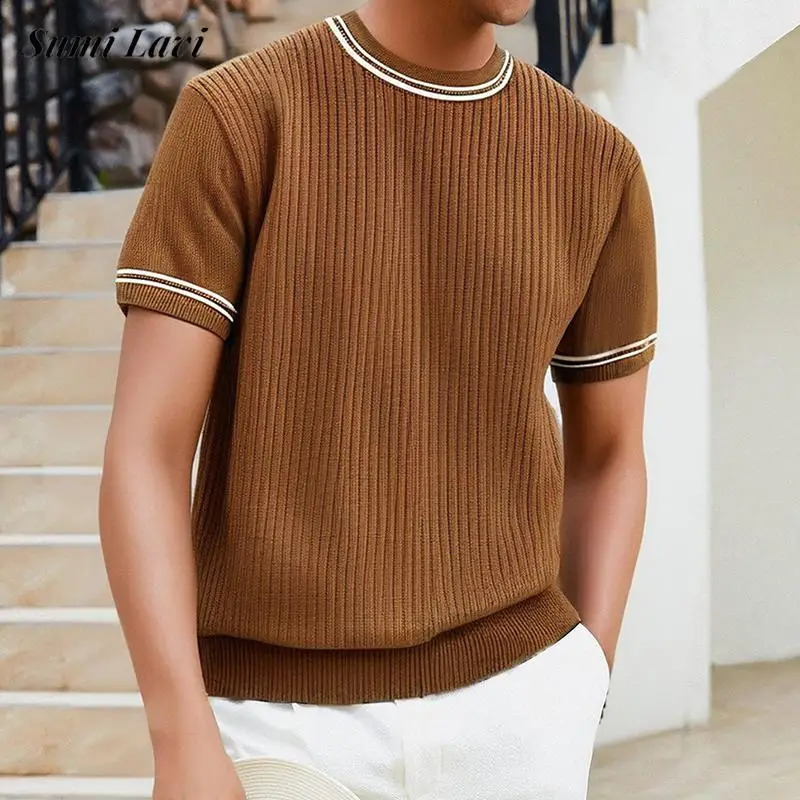 Fashionable Mens Slim Knit T Shirts Spring Summer Casual Short Sleeve Crew Neck Striped Knitted T-shirt For Men Knit Jumper 250224
