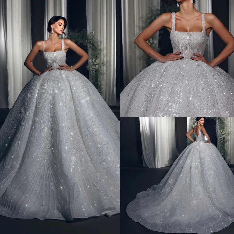 Luxury Ball Gown Wedding Dress Beaded Sequins Square Neck Bride Gowns Sleeveless Puffy Sweep Train Bridal Dresses Customized
