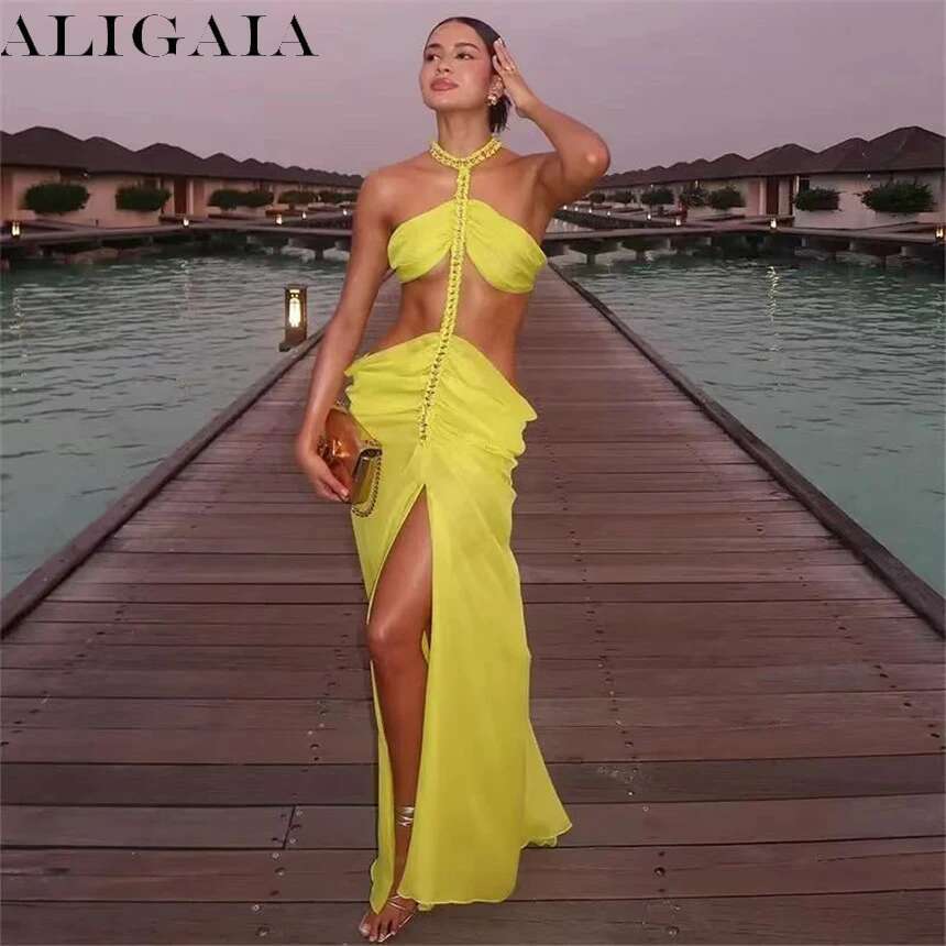 Women's Backless Beach Yellow Halter Neck Pleated Metal Chain New Vacation Camping Elegant Dress Fashion Designer