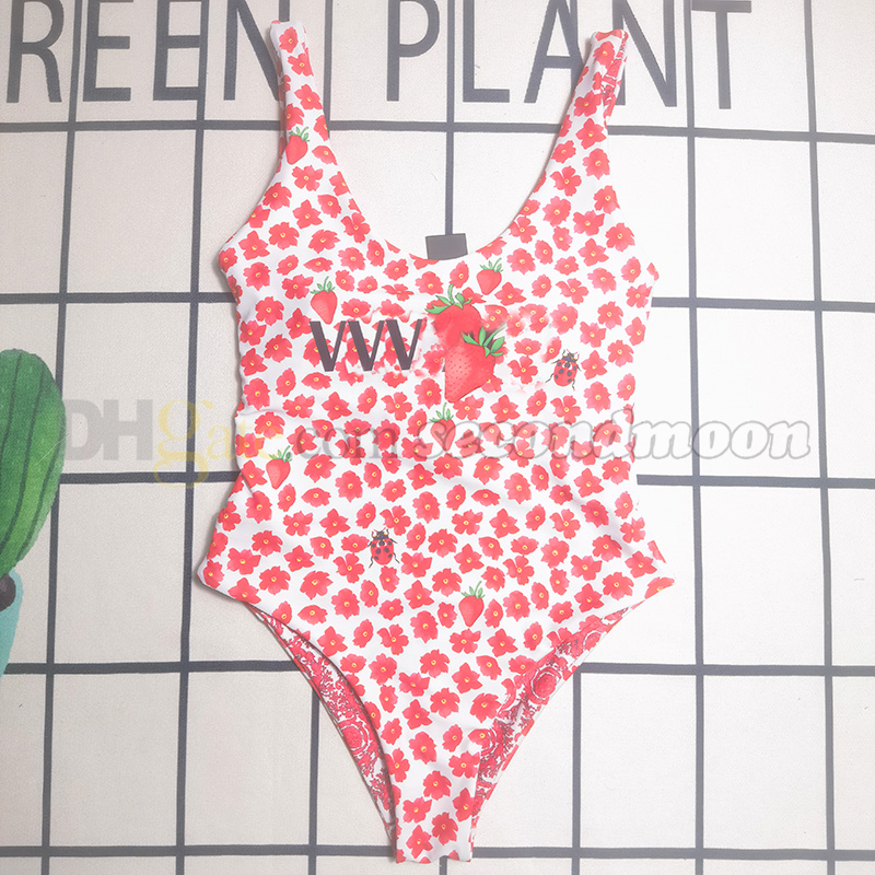 Floral Print Swim Wear Women Backless Swim Suit Strawberry Pattern Swimwear One Piece Bathing Suit Ladies Swimsuit