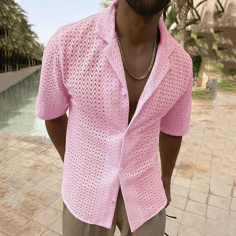 Home>Products> Products in Europe and the United States>Casual Fashion Solid Color Polo Neck Button Lace Short Sleeve Hollow Shirt 250226