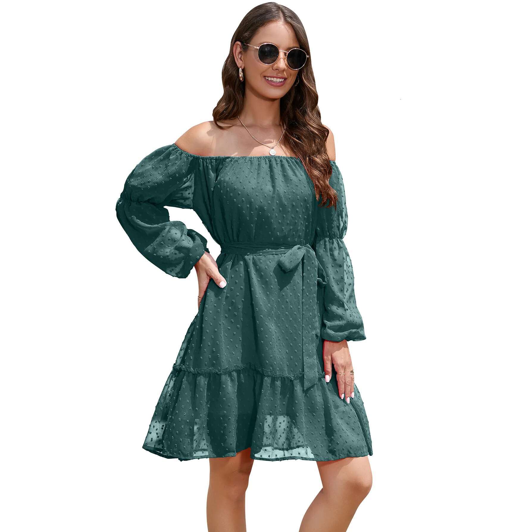 Women's Beach 2024 Spring Summer Women Elastic Collar Long Sleeved Chiffon Waistband Off Shoulder Ing Dress