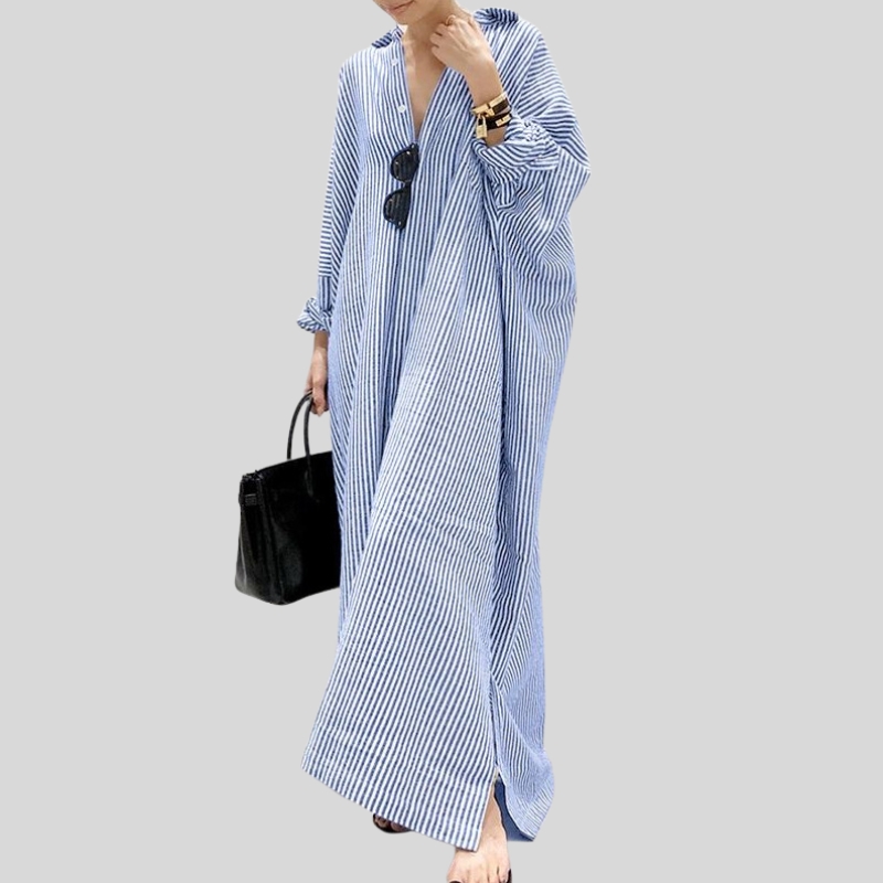 New cotton and linen striped cardigan loose large size temperament commuting irregular dress