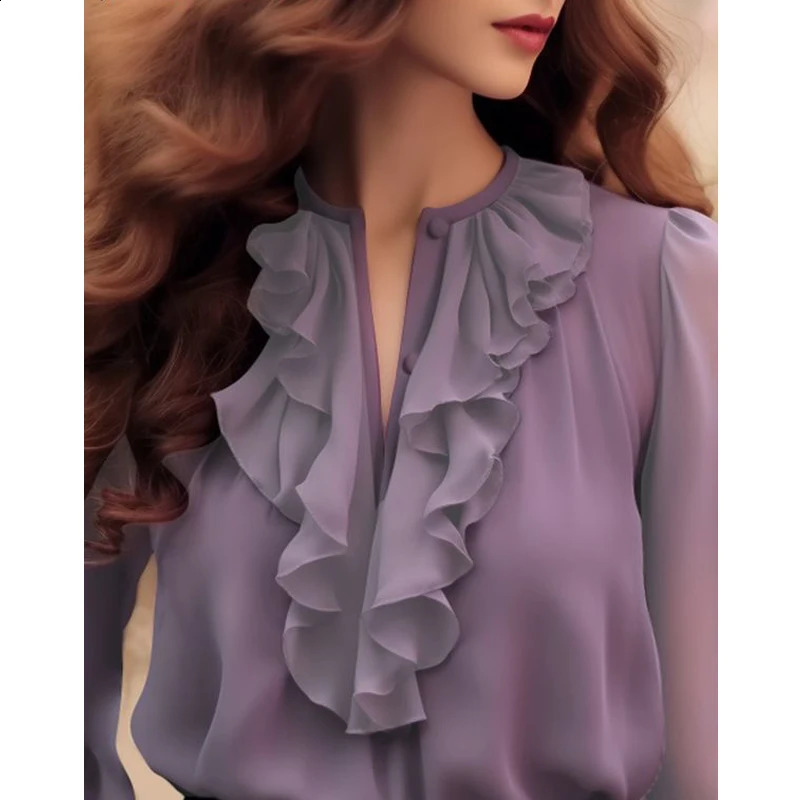 Womens Korean Fashion Ruffles Sweet Fairy Blouses Office Lady Business Casual Purple Shirts Casual V Neck 3/4 Sleeve Loose Tops 250228
