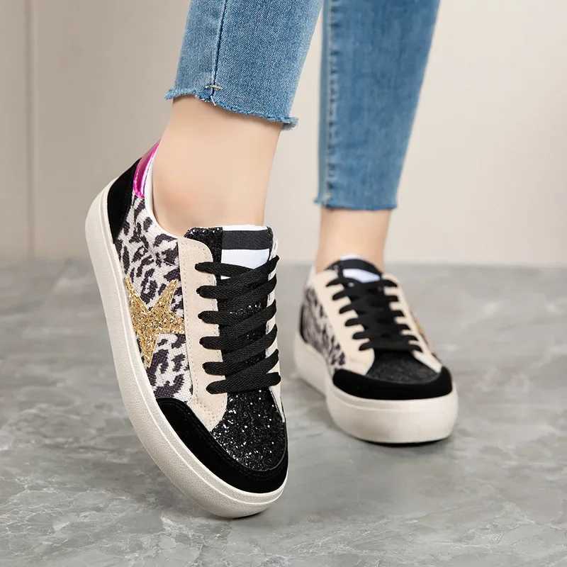 Womens Fashion Leopard Print Casual Sneakers With Sequins Stars Decor Black Thick Bottom Lightwear Fashion Woman White Shoes 41 M250303