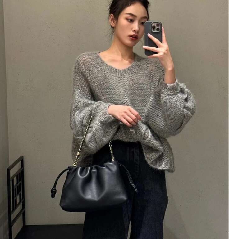 New Women's Cloud Drawstring Hobos Crossbody Real Leather One Shoulder Casual Bucket Bag
