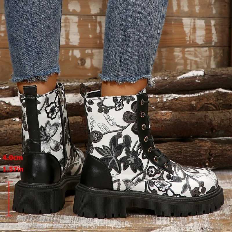 2024 Plus Size Shoes Female Mid-Calf Womens Boots New Modern Boots Women Print Lace Up Round Toe Side Zip Med Heel Shoes Women Z250303