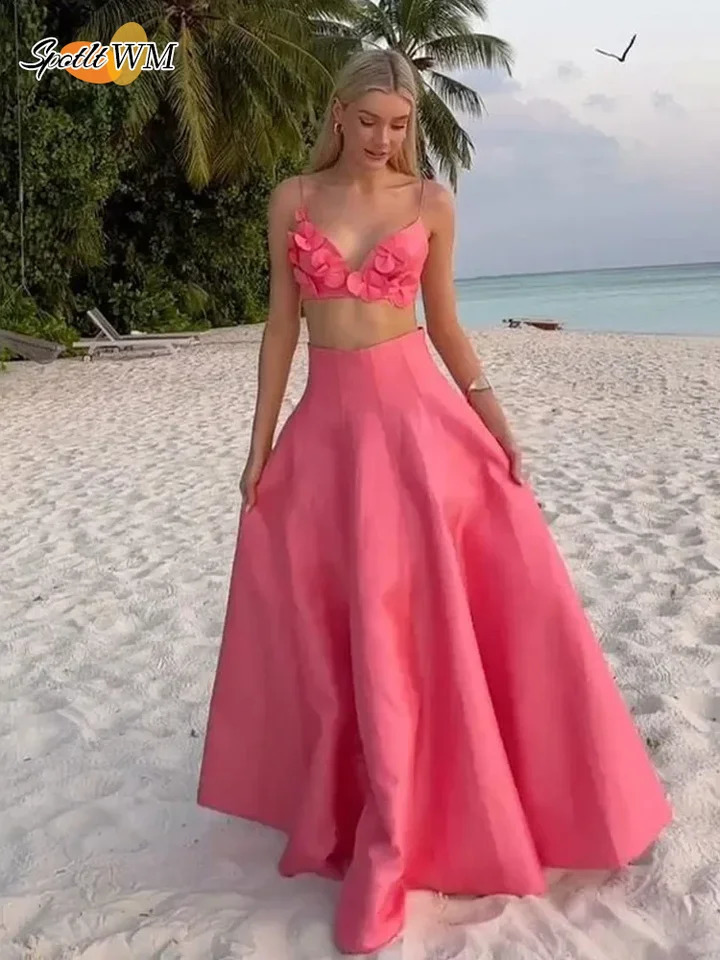 2025 Women Chic 3d Pink Flower Applique Cropped Tops Set Fashion High Waist Long Skirts 2 Piece Suit Sexy Vocation Beach Outfits 250228