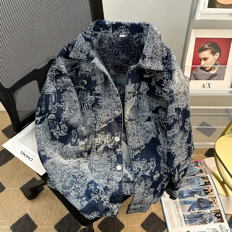 Mens Jacquard Loose Fit Casual Punk Fashion Autumn/Winter European Style Embroidered Denim Jacket 250228
