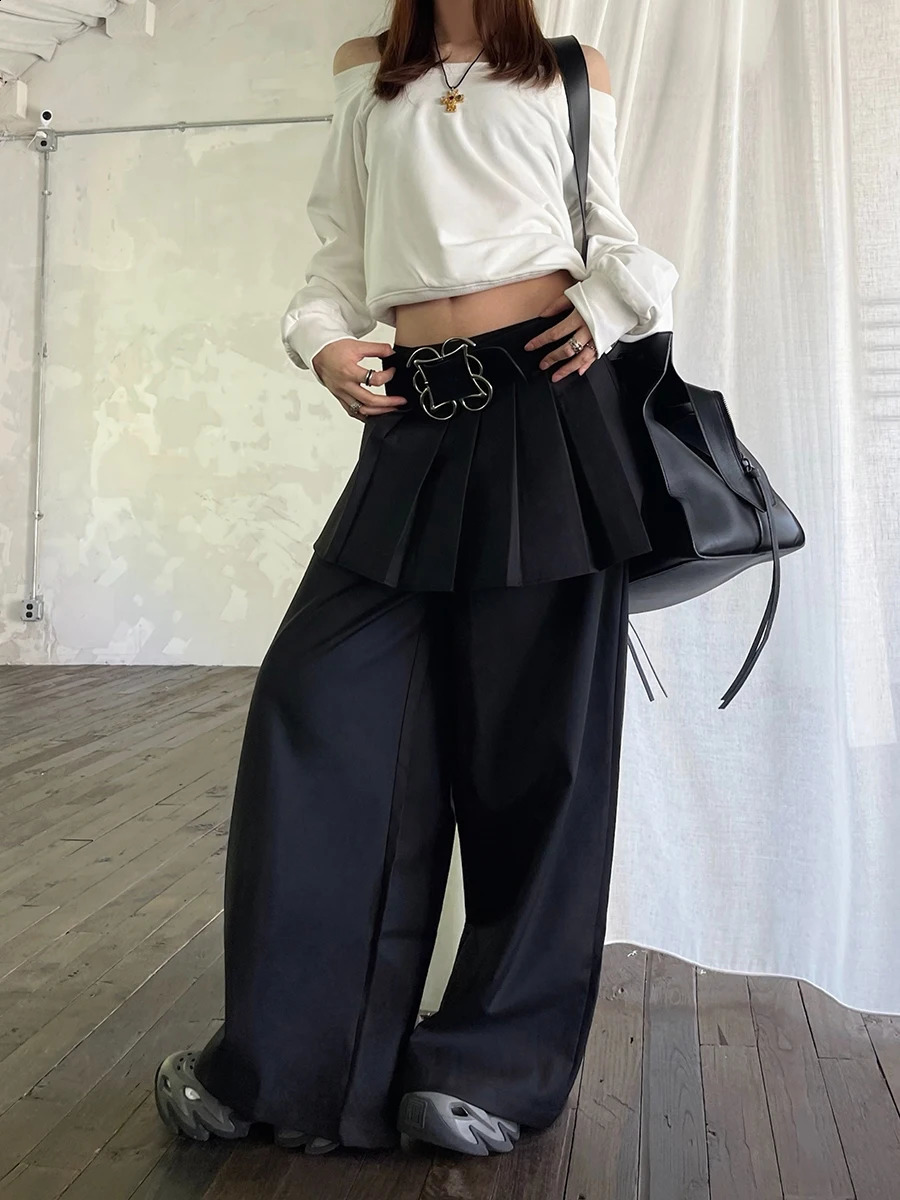 REDDACHiC Womens Pleated Skirt Overlay Suit Pants Work Casual Loose Cleanfit Black Plain Wide Leg Long Trousers Formal Clothes 250225