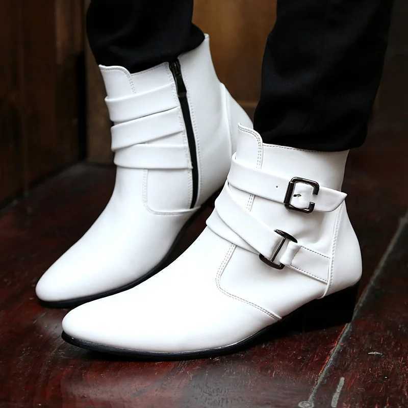 Luxury Leather Chelsea Boots Men Designer White Dress Boots Men Casual High top Buckle Strap Formal Shoes Men Motorcycle Boots Z250303
