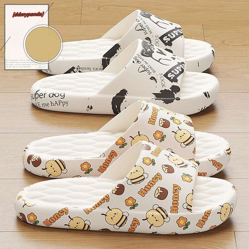 Summer Cartoon Print Women Slippers Thick Flat Outdoors Beach Slides For Men Bath Sandals Couple Ladies Shoes #ddmypanda