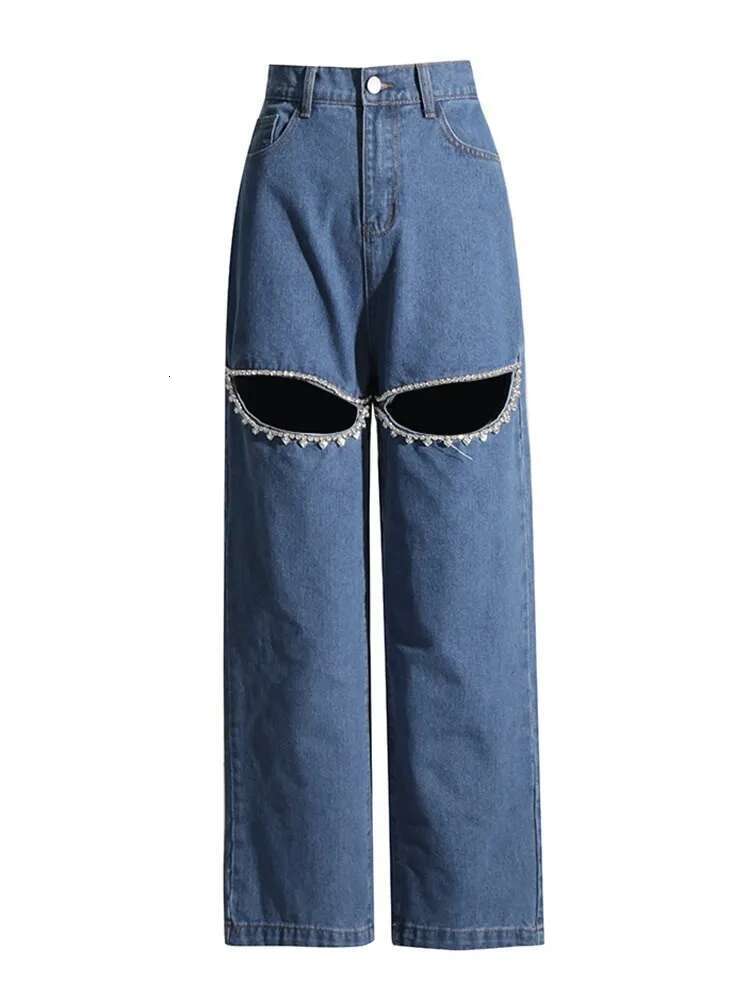 TWOTWINSTYLE Solid Patchwork Dias Denim Pants For Women High Waist Hollow Out Designer Wide Leg Jeans Female Fashion