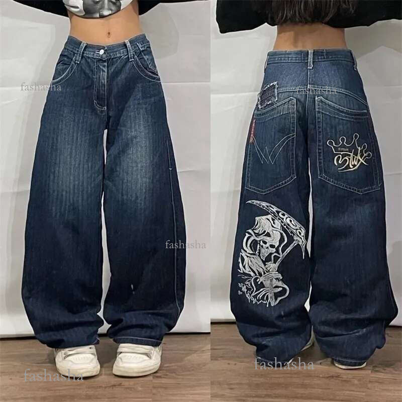 Y2k Korean Fashion Hip Hop Street Big Pocket Classic Death Print Baggy Jeans Vintage High Waist Denim Pants Mens Wide Leg 2