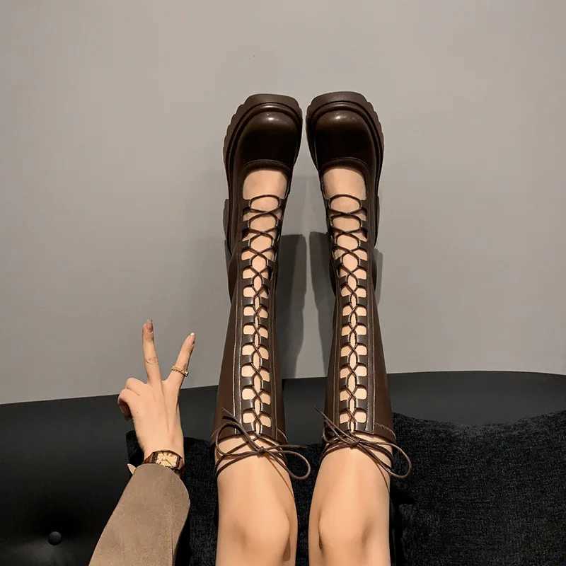 2024 New Knight Boots Womens High Barrel Boots Thick Sole Women Platform Shoes Brown Long Boots Z250303