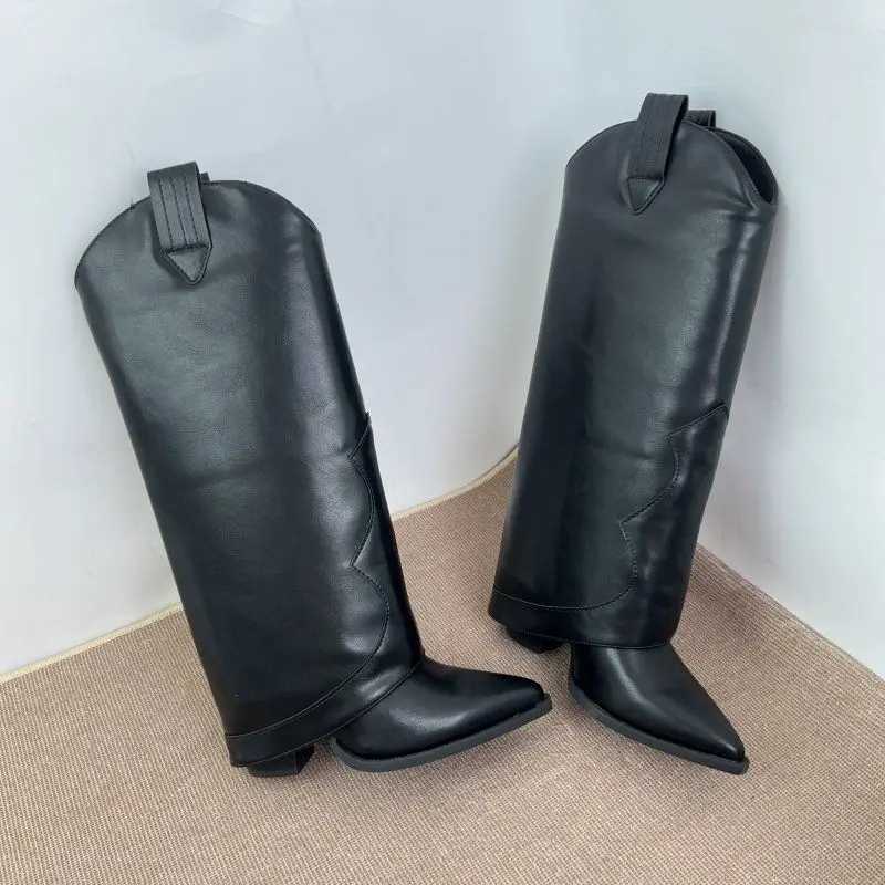 FHC 2024 New Women Knee High Pants BootsWinter ShoesWestern Cowboy BootsPointed ToeBlackBlueStockDropship Z250303
