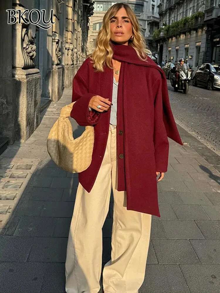 Elegant Single Breasted Woolen Coat Women Scarf Collar Wine Red Long Sleeve Jacket Chic Lady High Street Loose Warm Outwear