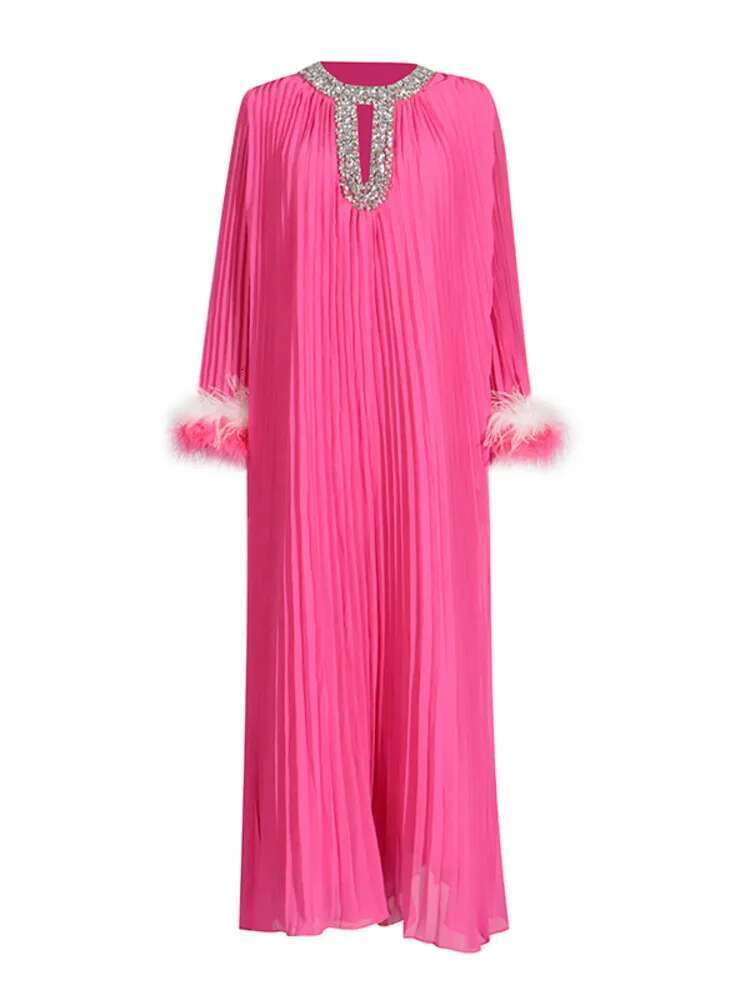 LANMREM 2025 Spring New Women's Dress Dias Spliced Collar Feather Design Sleeves Long Dresses Elegant Clothing 32C1914