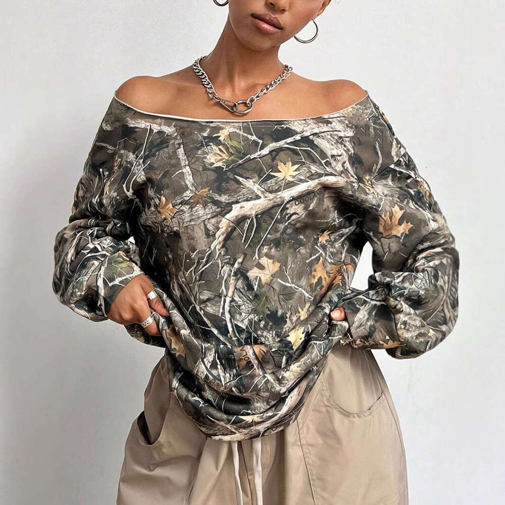 Autumn camouflage sloping collar loose long sleeved maple leaf print trendy fashion versatile top women's clothing