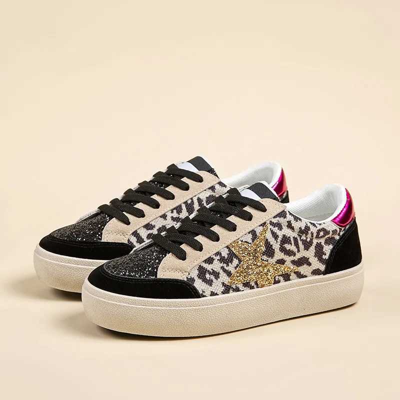 Womens Round Toe Leopard Print Casual Sneakers With Sequins Stars Decor Black Thick Bottom Lightwear Fashion Woman White Shoes M250303