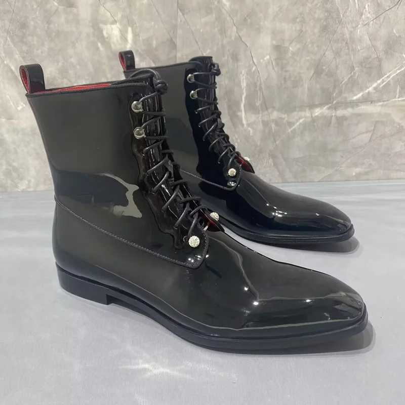 British Style Black Patent Leather Boots Mens shoes Luxury Fashion Lace-up Ankle Boots Men Dress Shoes Autumn Winter Mens Boots Z250303
