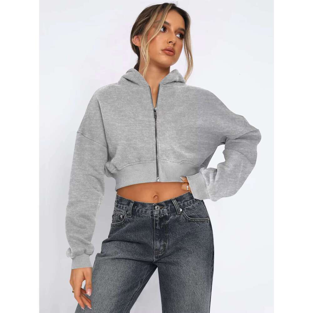 Custom Oversized Cotton Cropped Women Heavyweight Hooded Streetwear Embroidery Sport Style Full Zip Soild Womens Hoodie