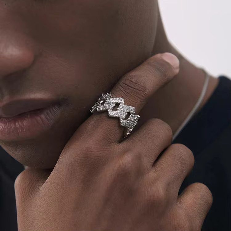 RTS Hip Hop Jewelry Sier Men's and Women's 2-Row VVS Cuban Ring with Sandstone