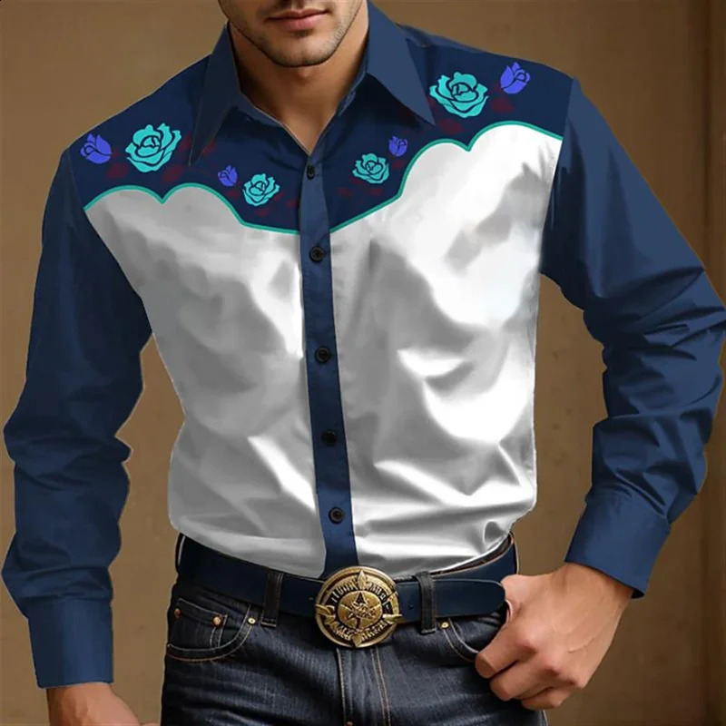 Western Shirts Mens Denim Floral Button Shirt Outdoor Festival Tops Soft and Comfortable Vintage Lapel S6XL 250226