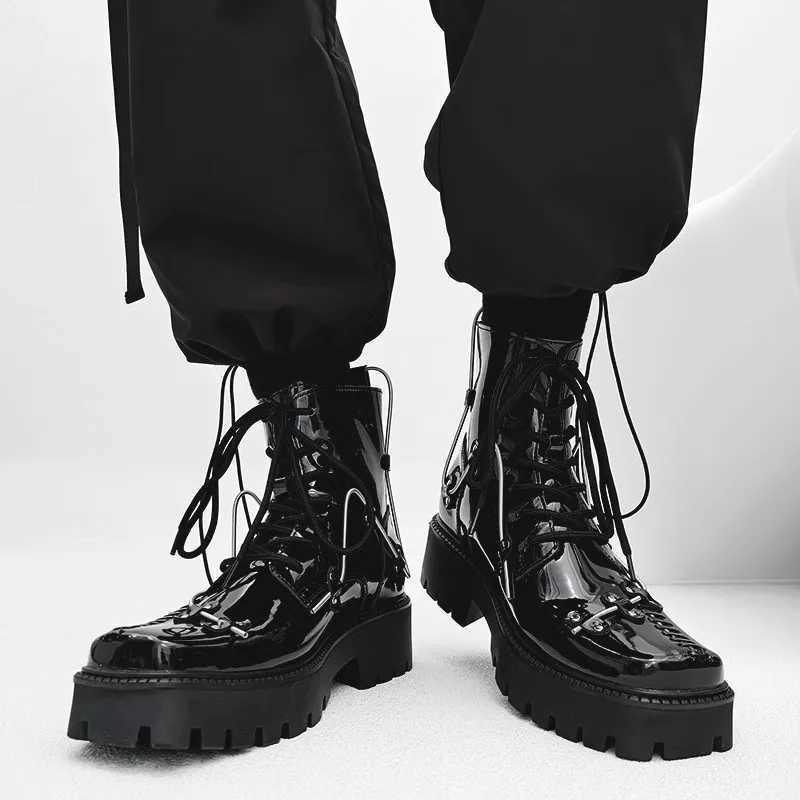 Qvah Owens Men Motorcycle Boots Platform High Top Rock Gothic Sneakers Leather Luxury Trainers Lace Up Autumn Black Shoes Z250303
