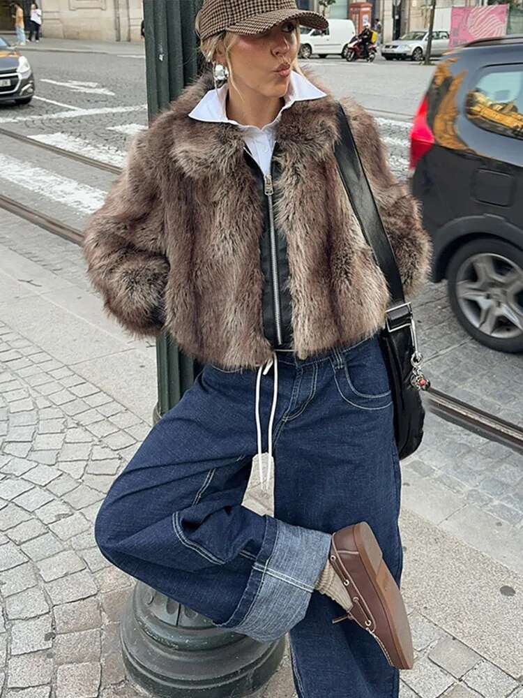 Vintage Zipper Faux Fur Coats Women Solid Casual Plush Warm Thicken Jackets With Pockets Female Chic High Street Outwear Tops