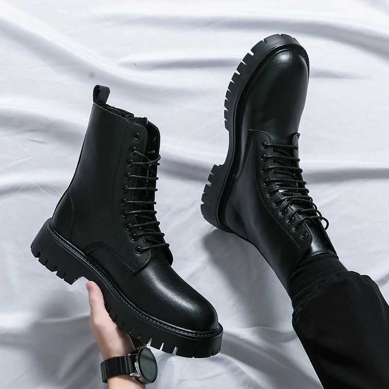 Black ankle mens lace up boots zipper Pu safety shoes motorcycle boots gray brown platform boots Z250303