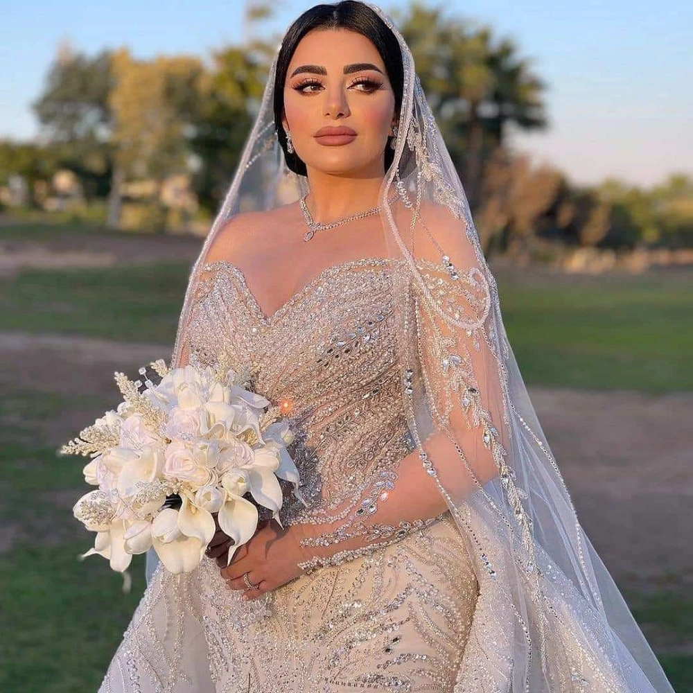 Mermaid Wedding Dress Sweetheart Neck Long Sleeves Bridal Gowns Sequins Lace Detachable Train Dresses Custom Made vestidos de novia